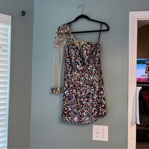 Alyce Paris Multicolor Sequin Mini Dress one shoulder convertible train size 6